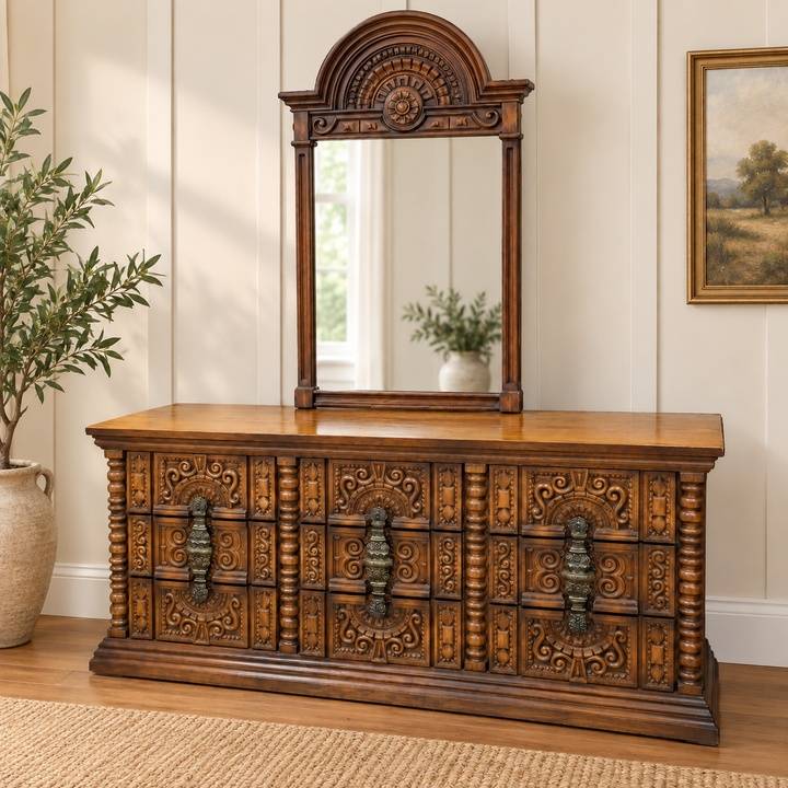 Mediterranean / Spanish Revival-Style 9 Drawer Dresser and Matching Mirror