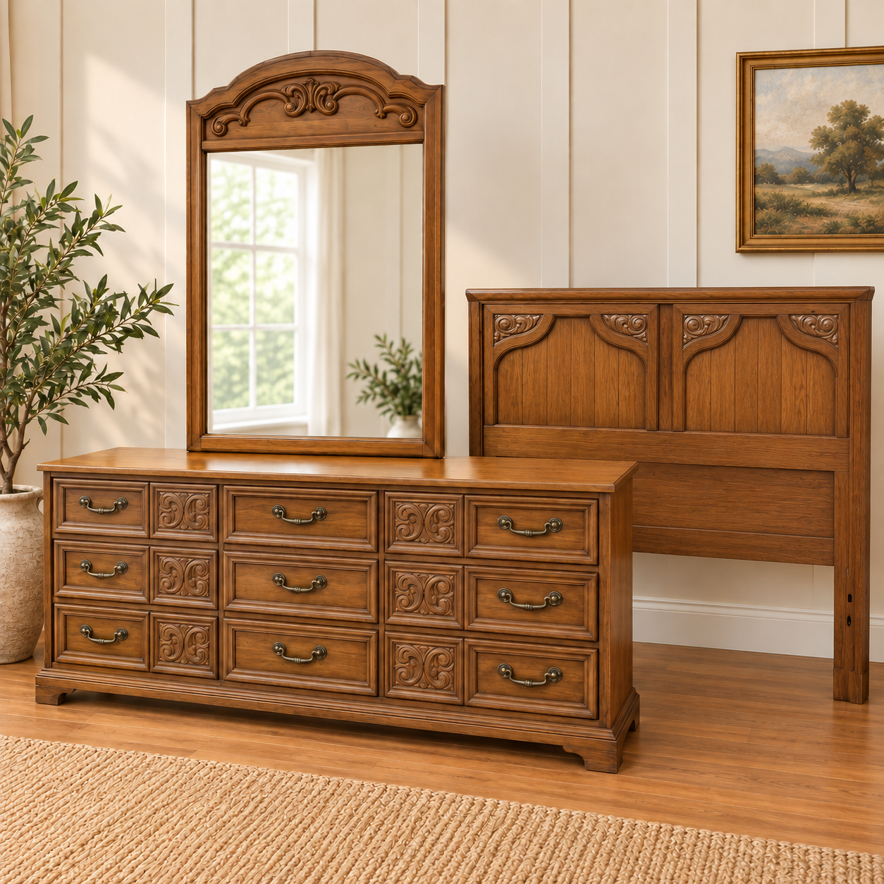 Vintage A. Brandt Ranch Oak 3-Piece Bedroom Set – 9-Drawer Dresser, Mirror & Queen Headboard